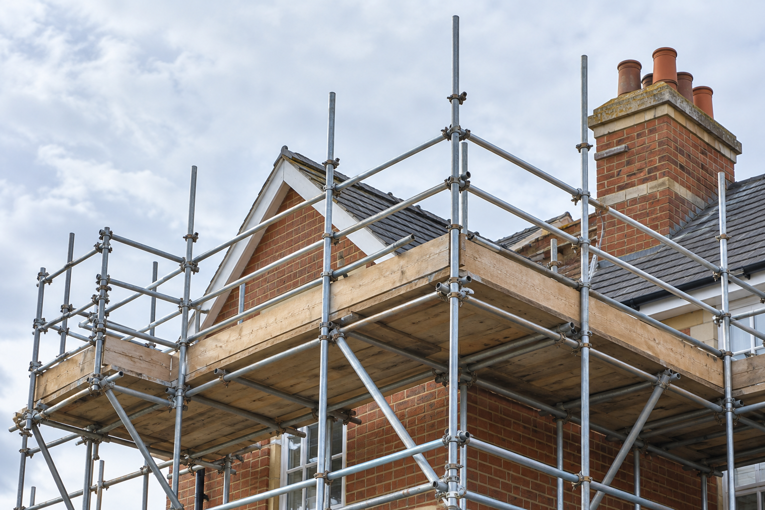 Detailed view of steel scaffolding on a building