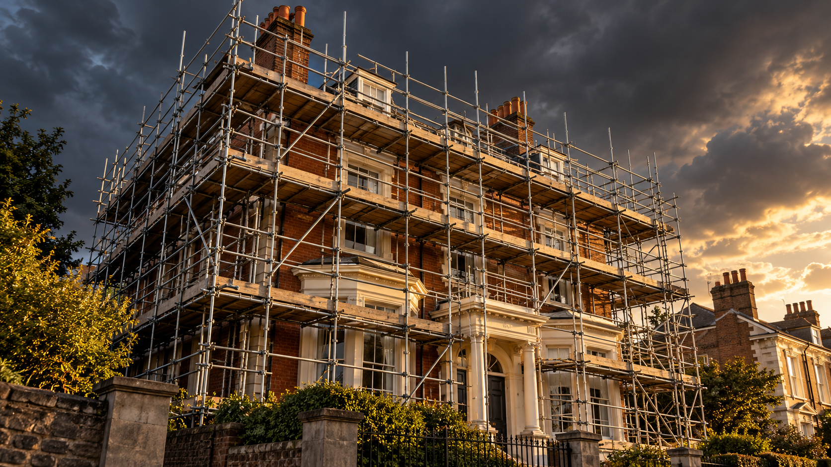 Scaffolding surrounding a residential building